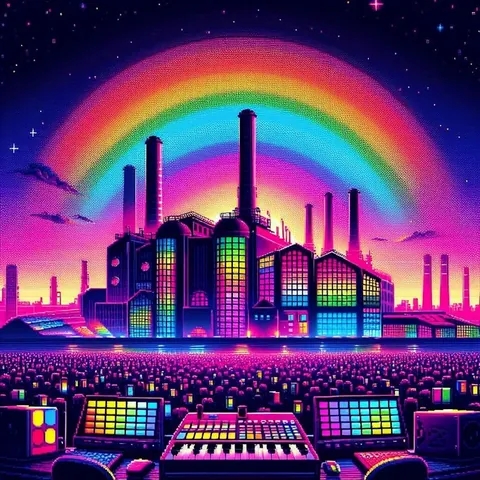 Ambient Factory cover: a pixel-art factory under a rainbow, with synthesizers in the foreground