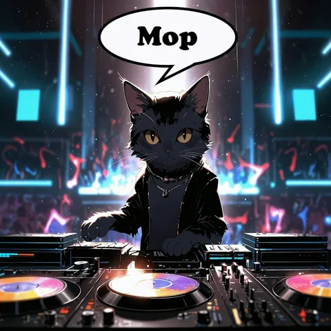 Mop Mop Mop cover: a black cat DJing at the turntables, saying “Mop”