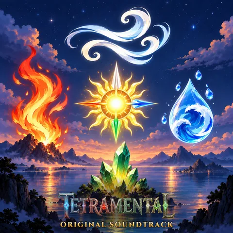 Tetramental soundtrack cover: fire, water, air and glowing earth crystals around a compass of light