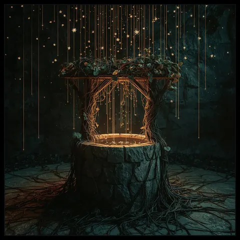 Wishes and Wires cover: a stone wishing well wrapped in vines, under a rain of golden wires and stars